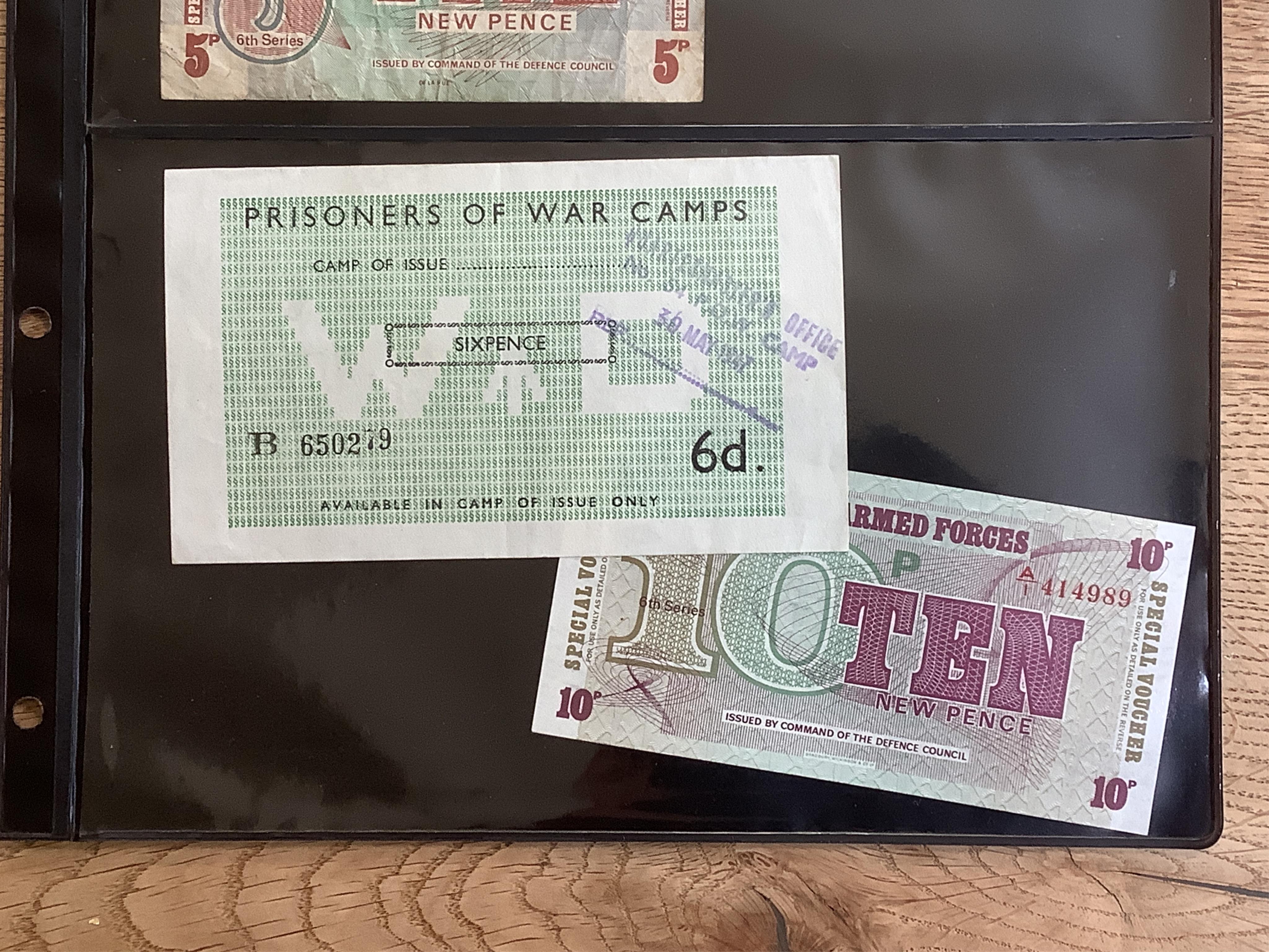 A set of six British Military Authority notes, 6d, 1/-,2/6,5/-,10/-, £1; four British Armed Forces notes and a 1947 Prisoner of War Camps 6d.